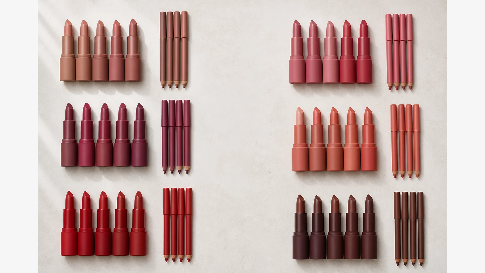 Lip pencils arranged beside an existing lipstick collection to plan colour pairings