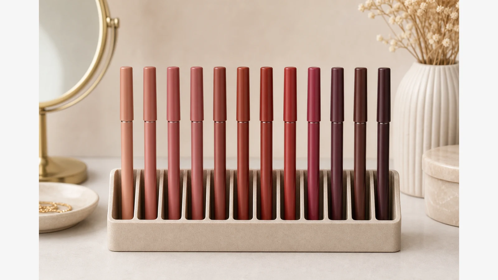 Twelve lip pencils organised by broad colour family and depth