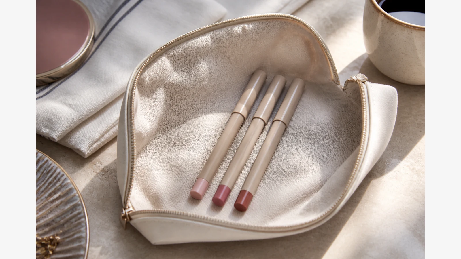Three lip pencil colour roles arranged in a compact makeup bag
