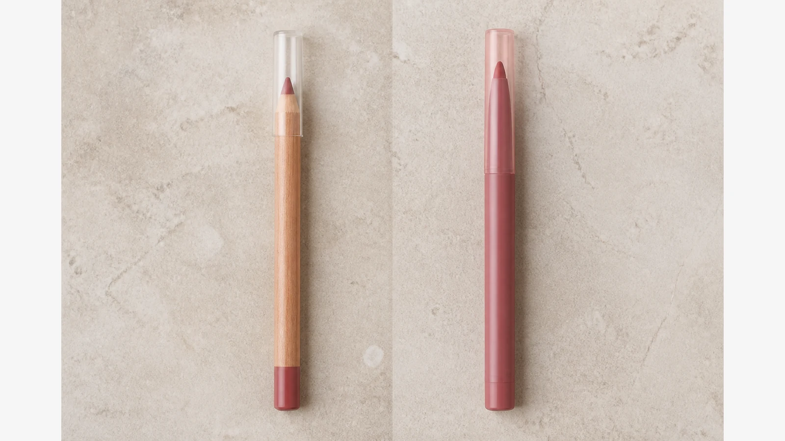 Wooden sharpenable and mechanical retractable lip liner formats side by side